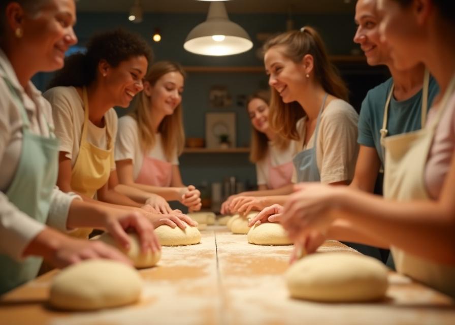アットホームなキッチンで、楽しそうにパン生地をこねる参加者たち。